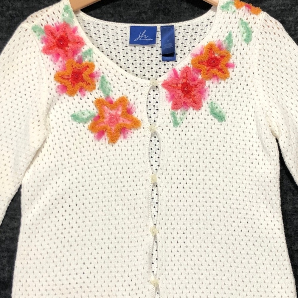 JH Collectibles White Cotton Pointelle Floral Applique Cardigan Sweater Womens M